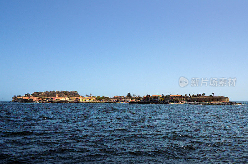 Gorée Island seen from the ocean - Castle hill on the left, harbor in the center and Estrées fort on the right, Dakar, Senegal